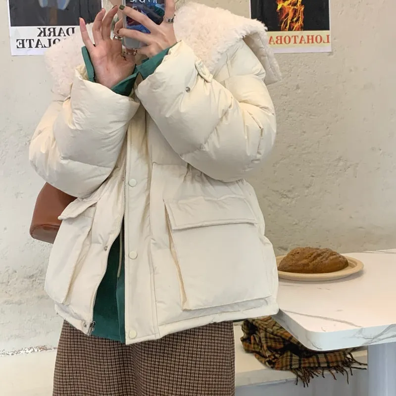 [Korean Style] Faux Fur Collared Puffer Jacket Cropped Parka