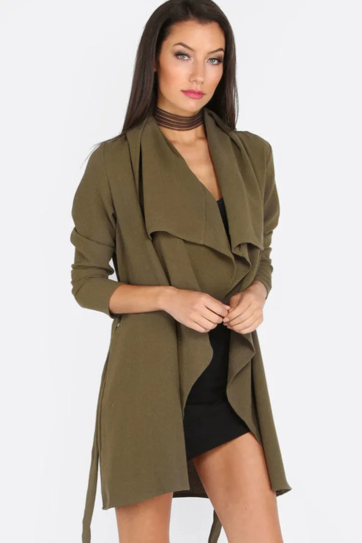 Lapel Tie Long Sleeve Outerwear In Army Green