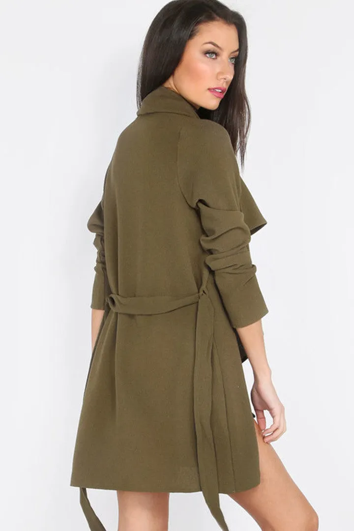 Lapel Tie Long Sleeve Outerwear In Army Green