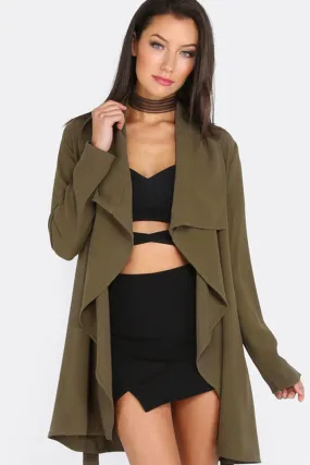 Lapel Tie Long Sleeve Outerwear In Army Green