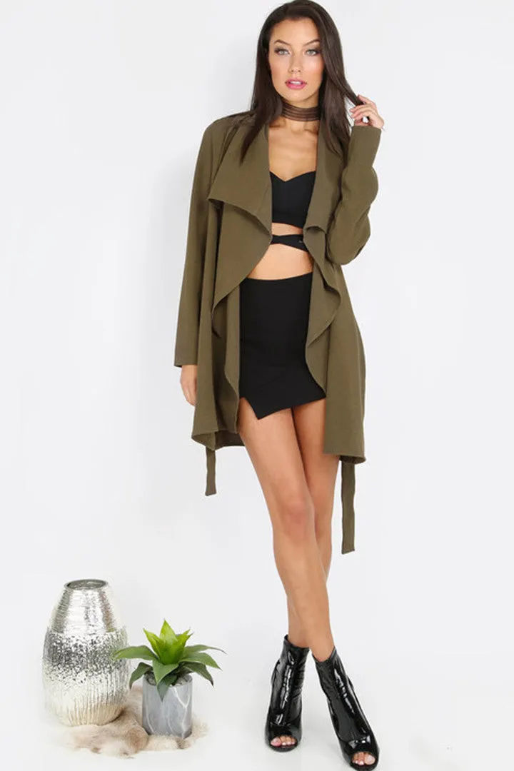 Lapel Tie Long Sleeve Outerwear In Army Green