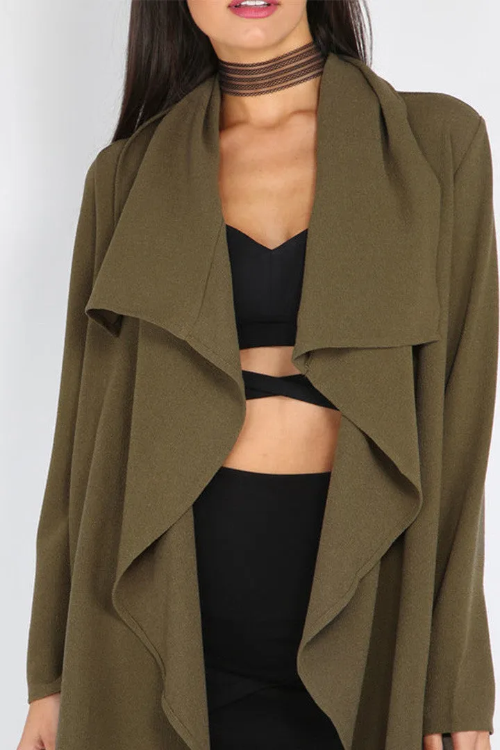 Lapel Tie Long Sleeve Outerwear In Army Green