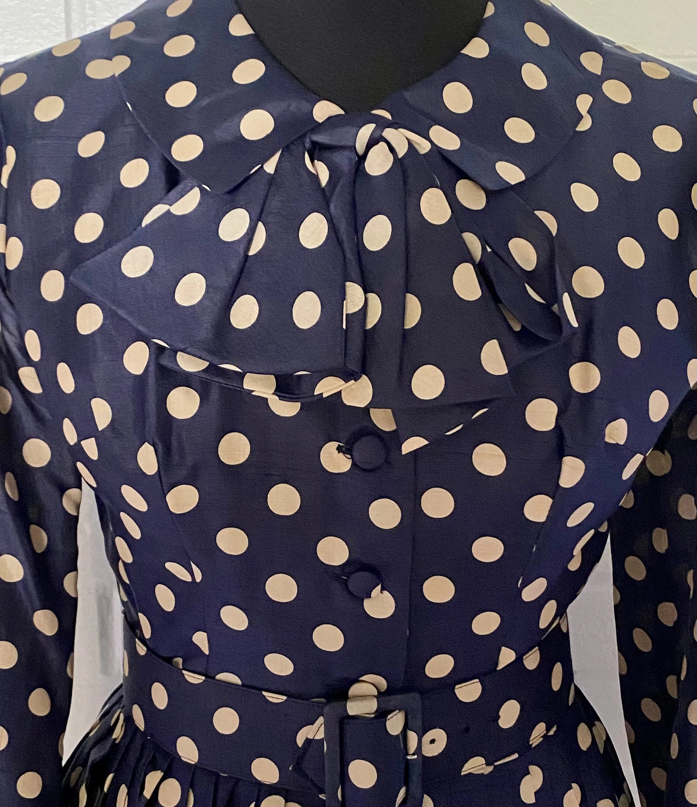 Late 50s/ Early 60s Navy & Tan Polka Dot Silk Dress