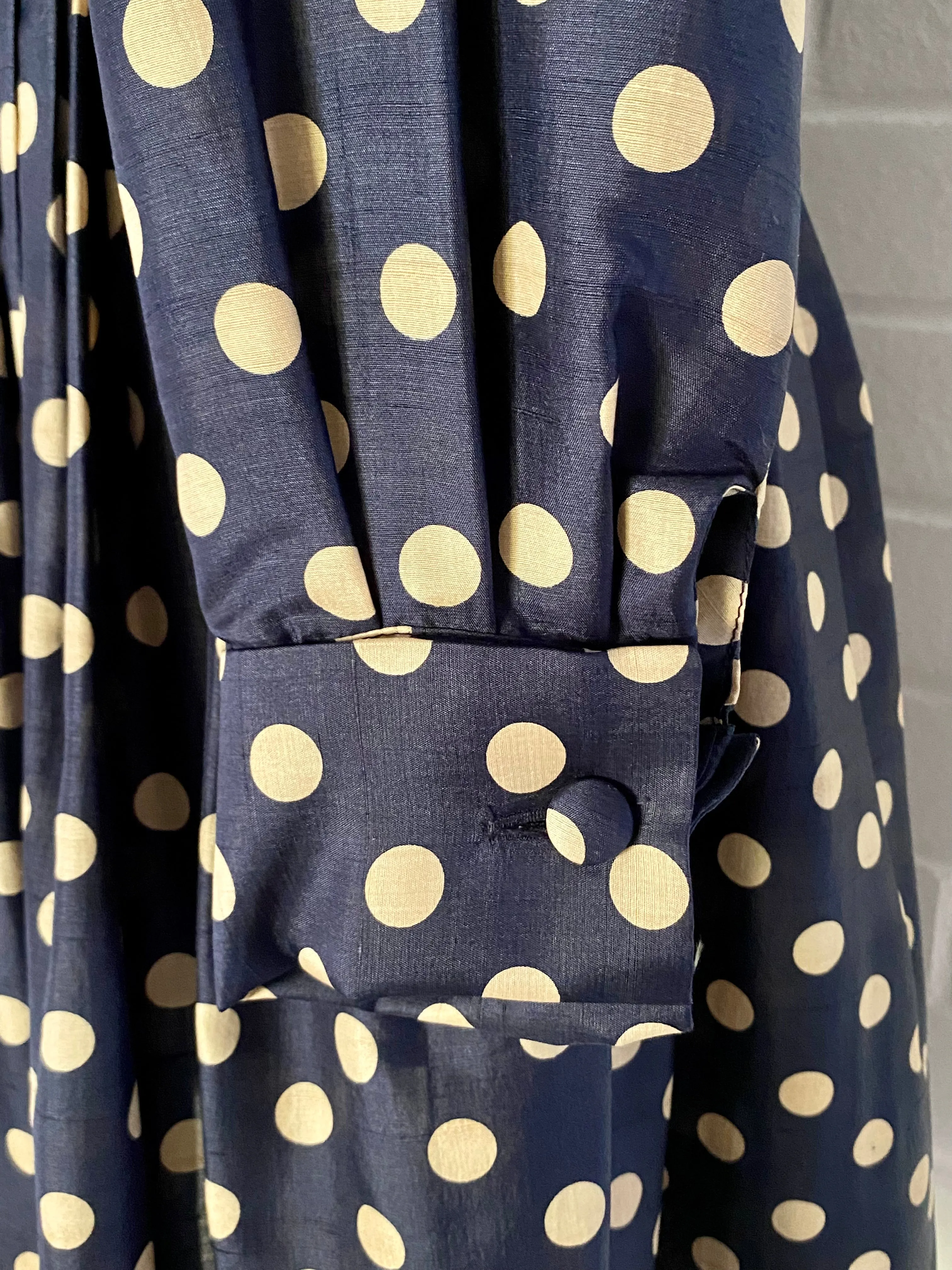Late 50s/ Early 60s Navy & Tan Polka Dot Silk Dress