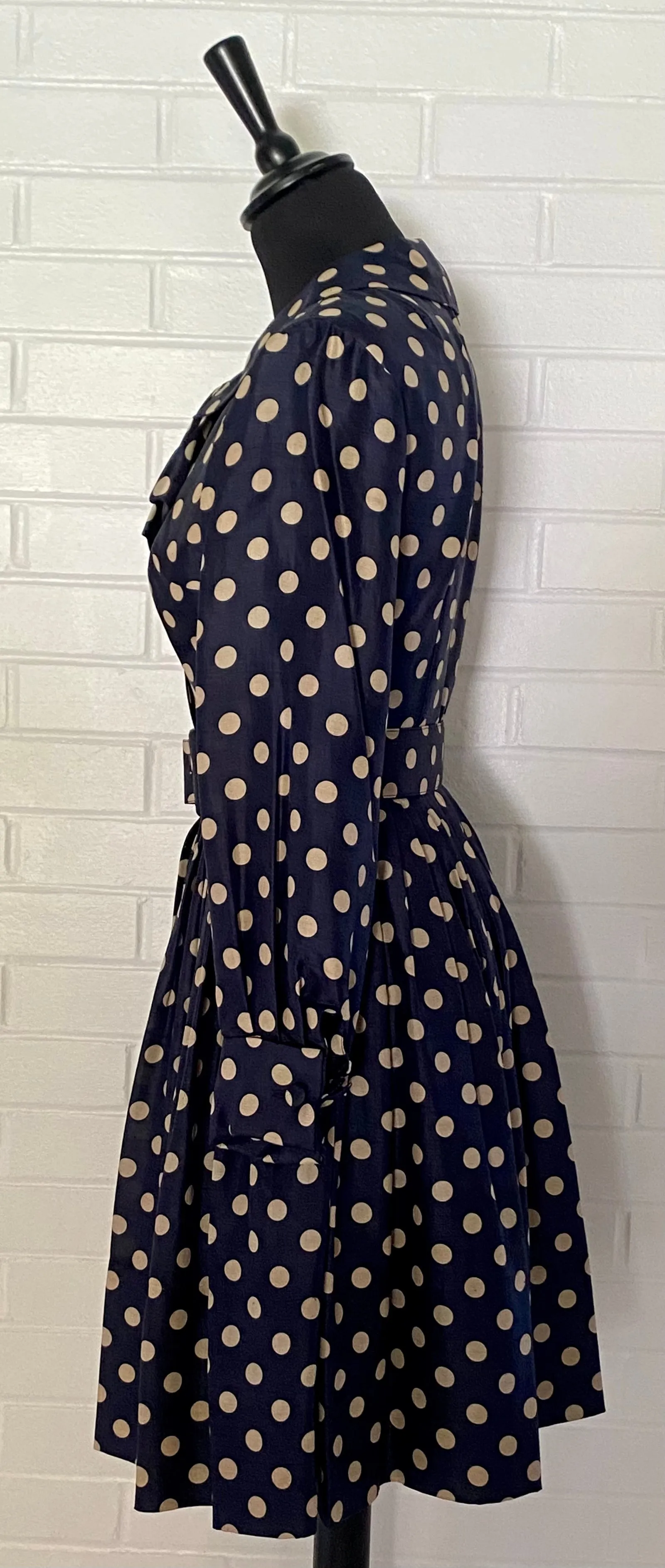 Late 50s/ Early 60s Navy & Tan Polka Dot Silk Dress