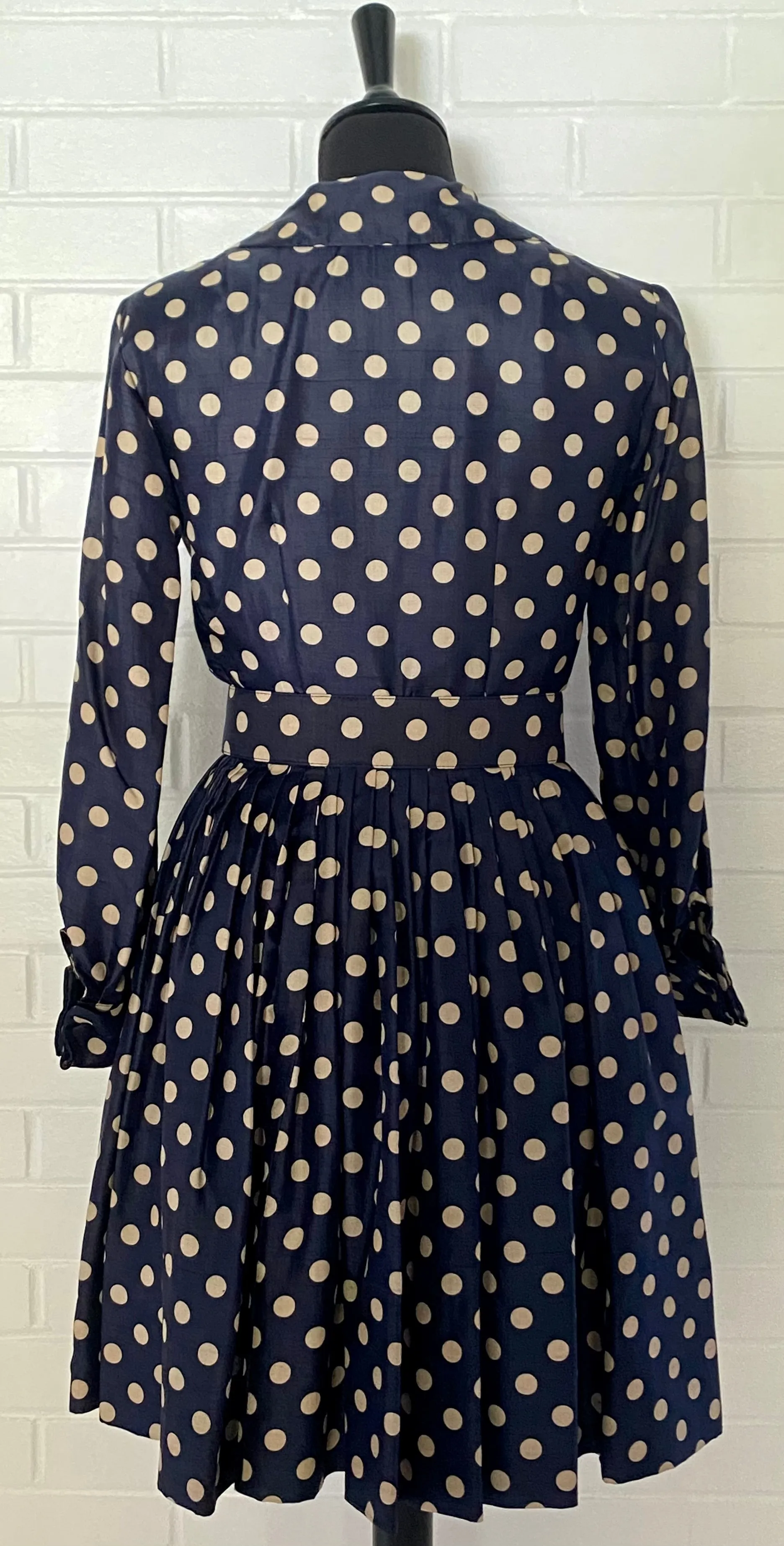 Late 50s/ Early 60s Navy & Tan Polka Dot Silk Dress