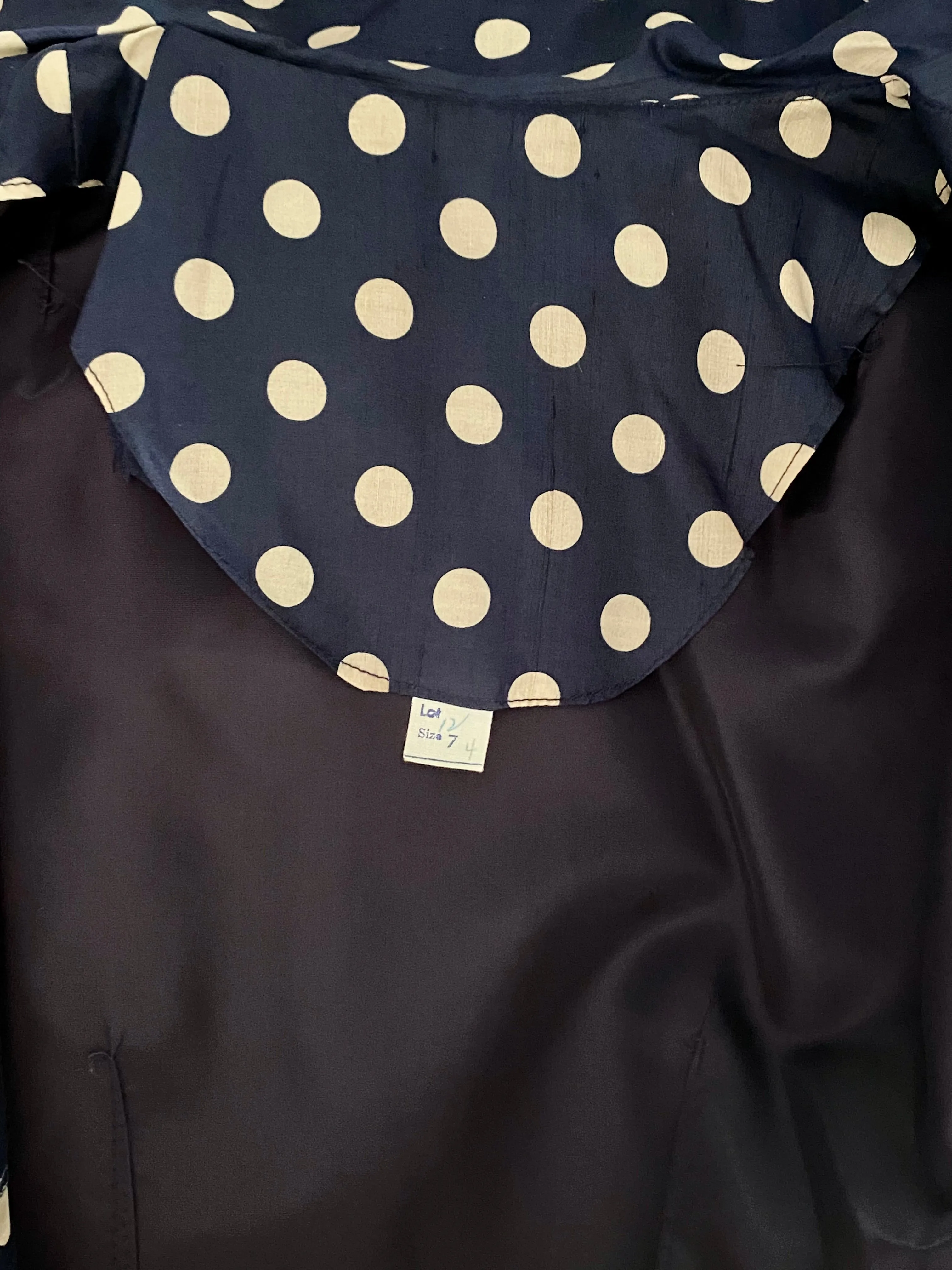 Late 50s/ Early 60s Navy & Tan Polka Dot Silk Dress