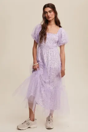 Lilac Floral Print And Mesh Puff Sleeve Maxi Dress