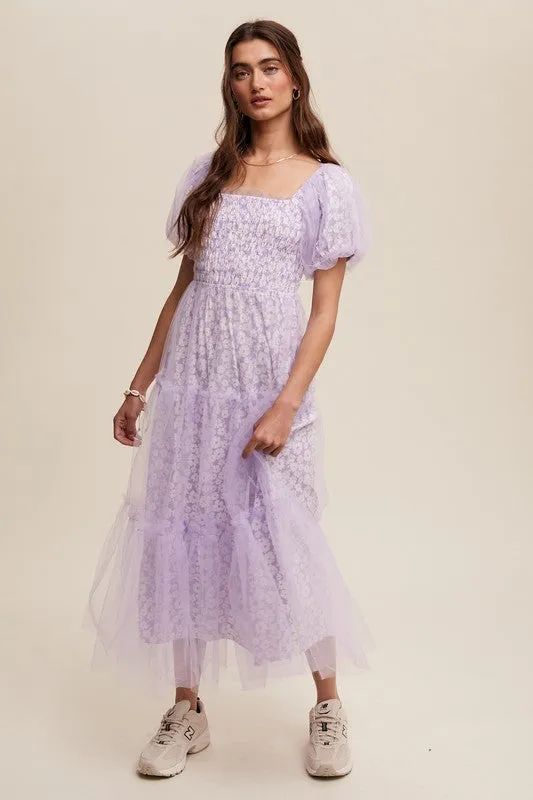 Lilac Floral Print And Mesh Puff Sleeve Maxi Dress