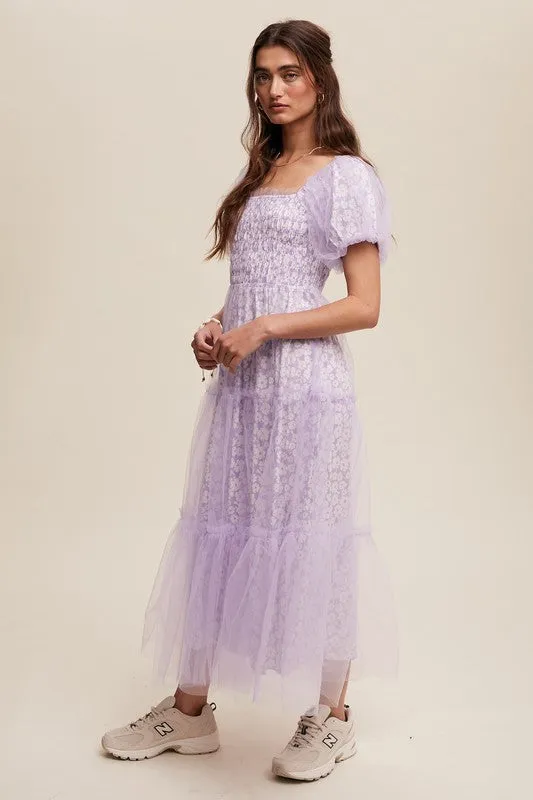 Lilac Floral Print And Mesh Puff Sleeve Maxi Dress