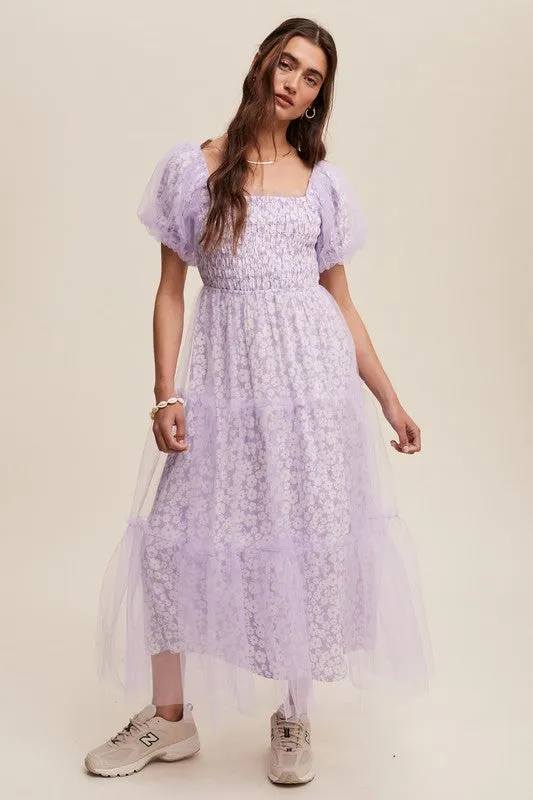 Lilac Floral Print And Mesh Puff Sleeve Maxi Dress