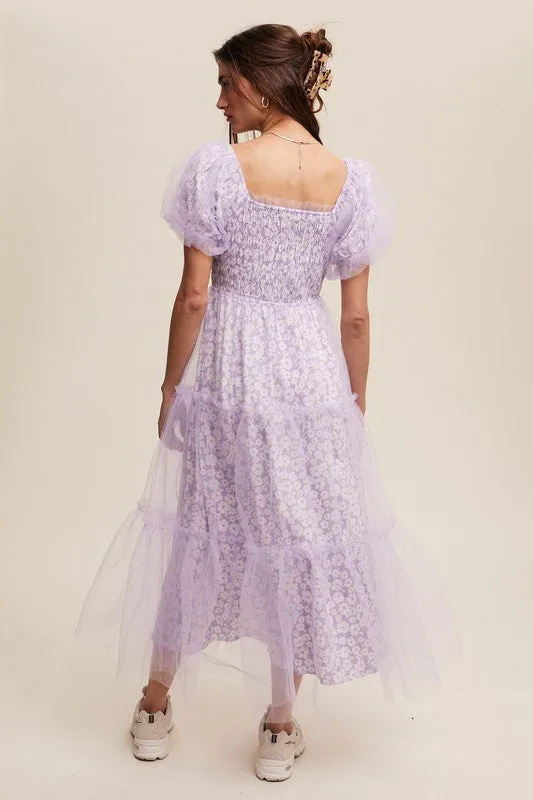 Lilac Floral Print And Mesh Puff Sleeve Maxi Dress