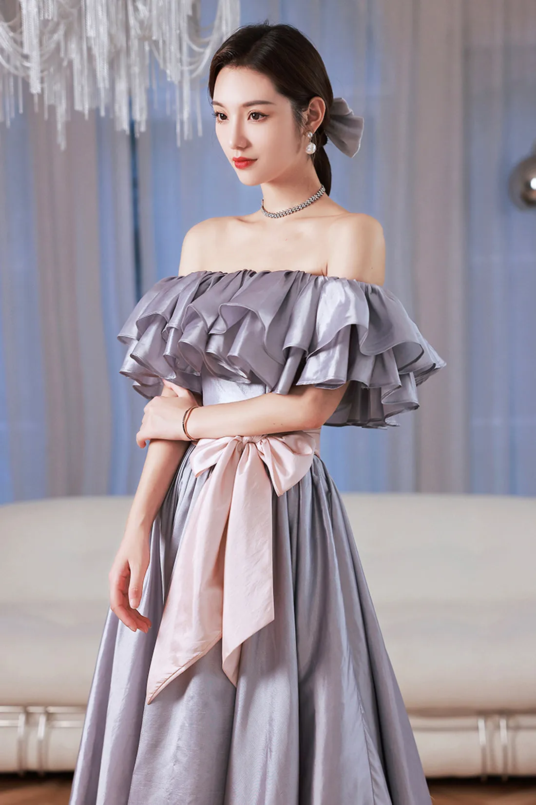 Lovely Satin Floor Length Prom Dress, Off Shoulder Evening Dress with Bow