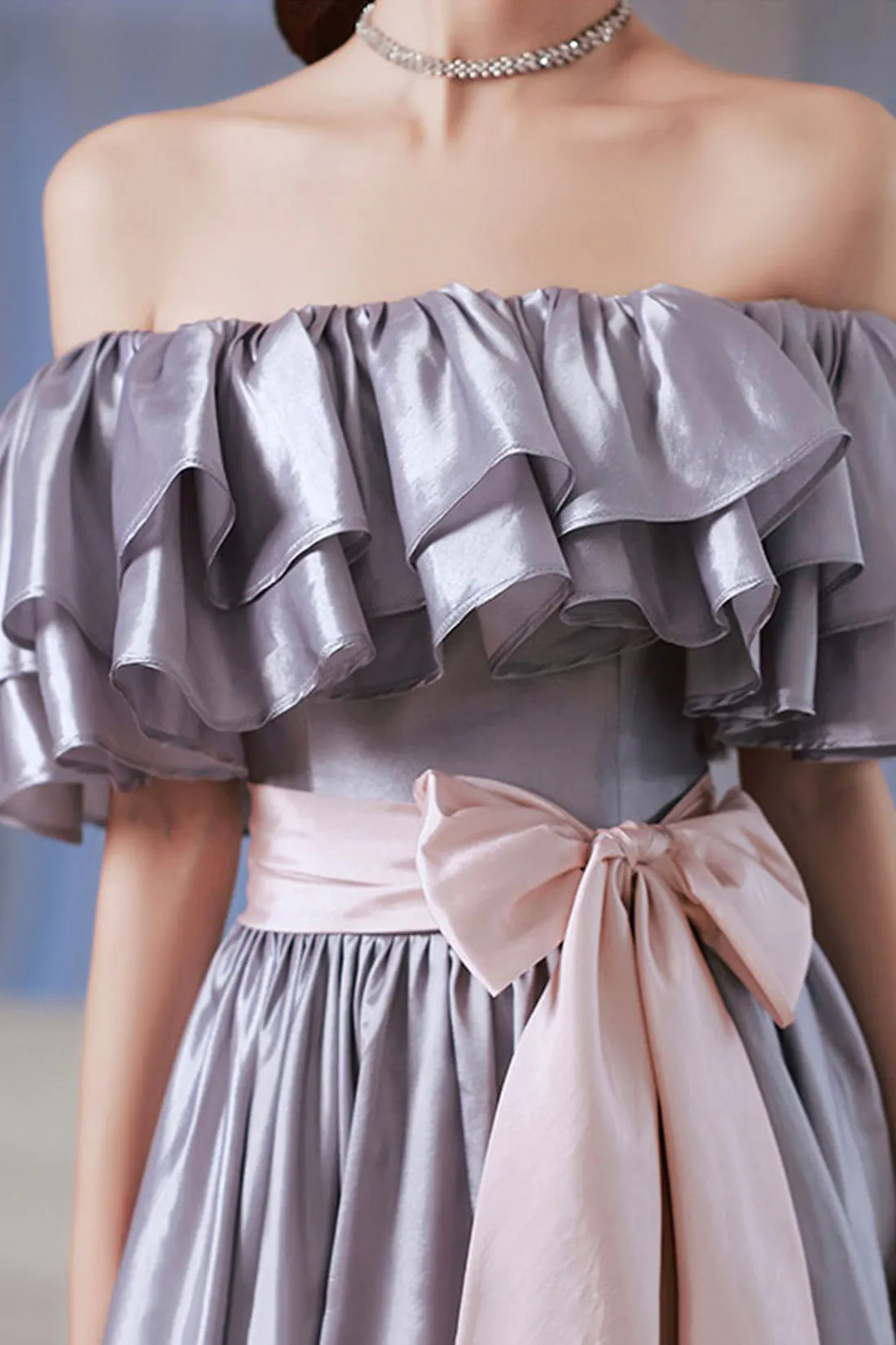 Lovely Satin Floor Length Prom Dress, Off Shoulder Evening Dress with Bow