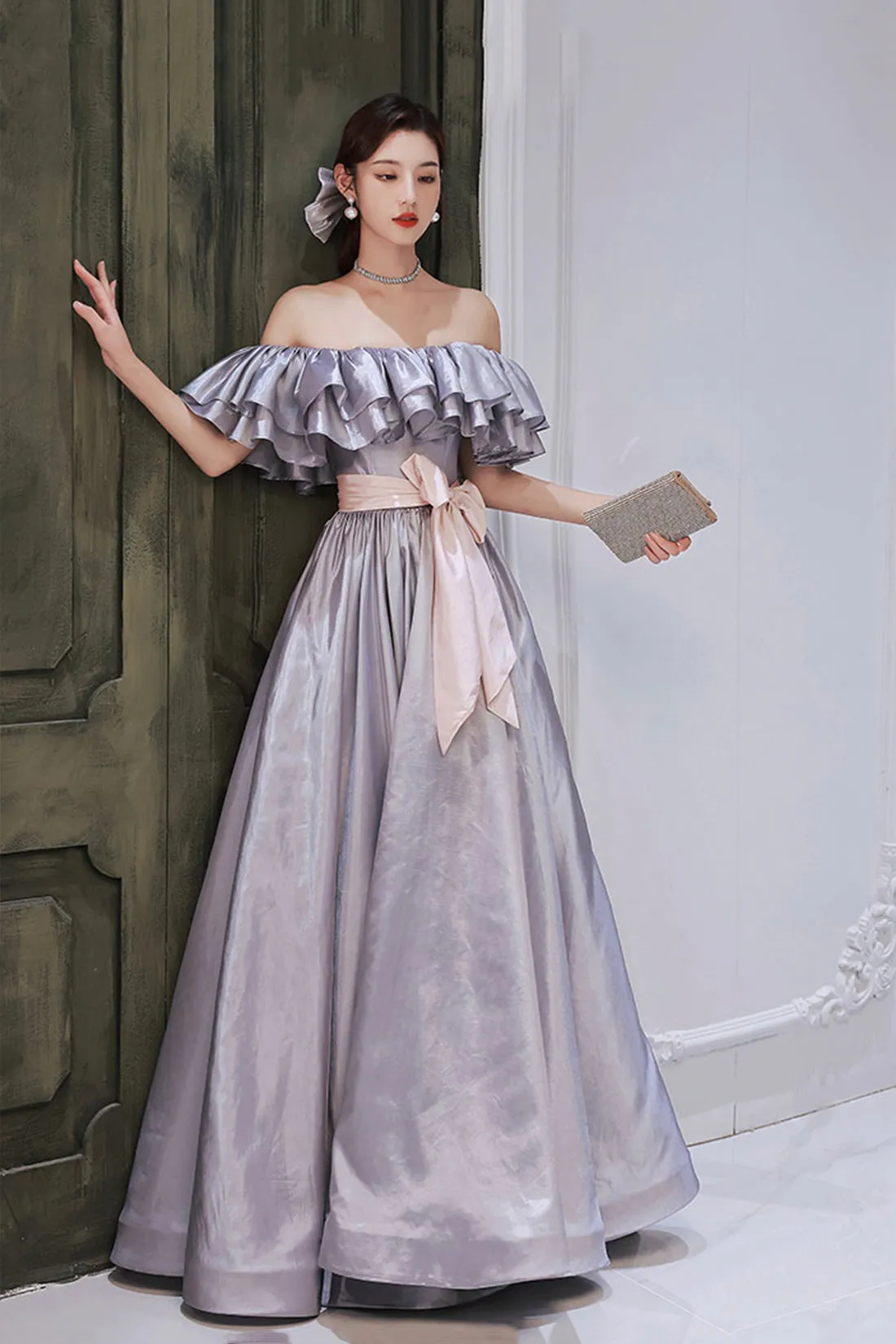 Lovely Satin Floor Length Prom Dress, Off Shoulder Evening Dress with Bow