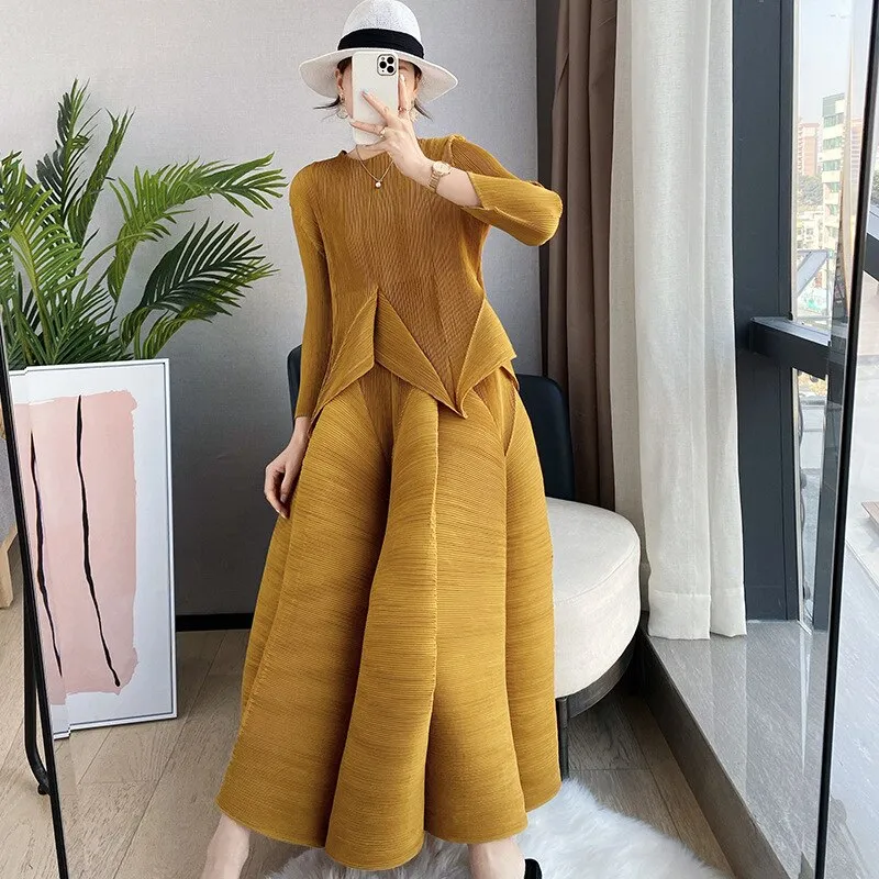 Miyake Pleated Asymmetrical Top and Midi Skirt Set