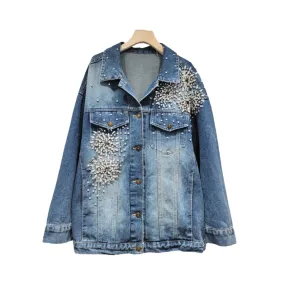Pre Order:  Flower Diamond Embroidered Washed Denim Jacket