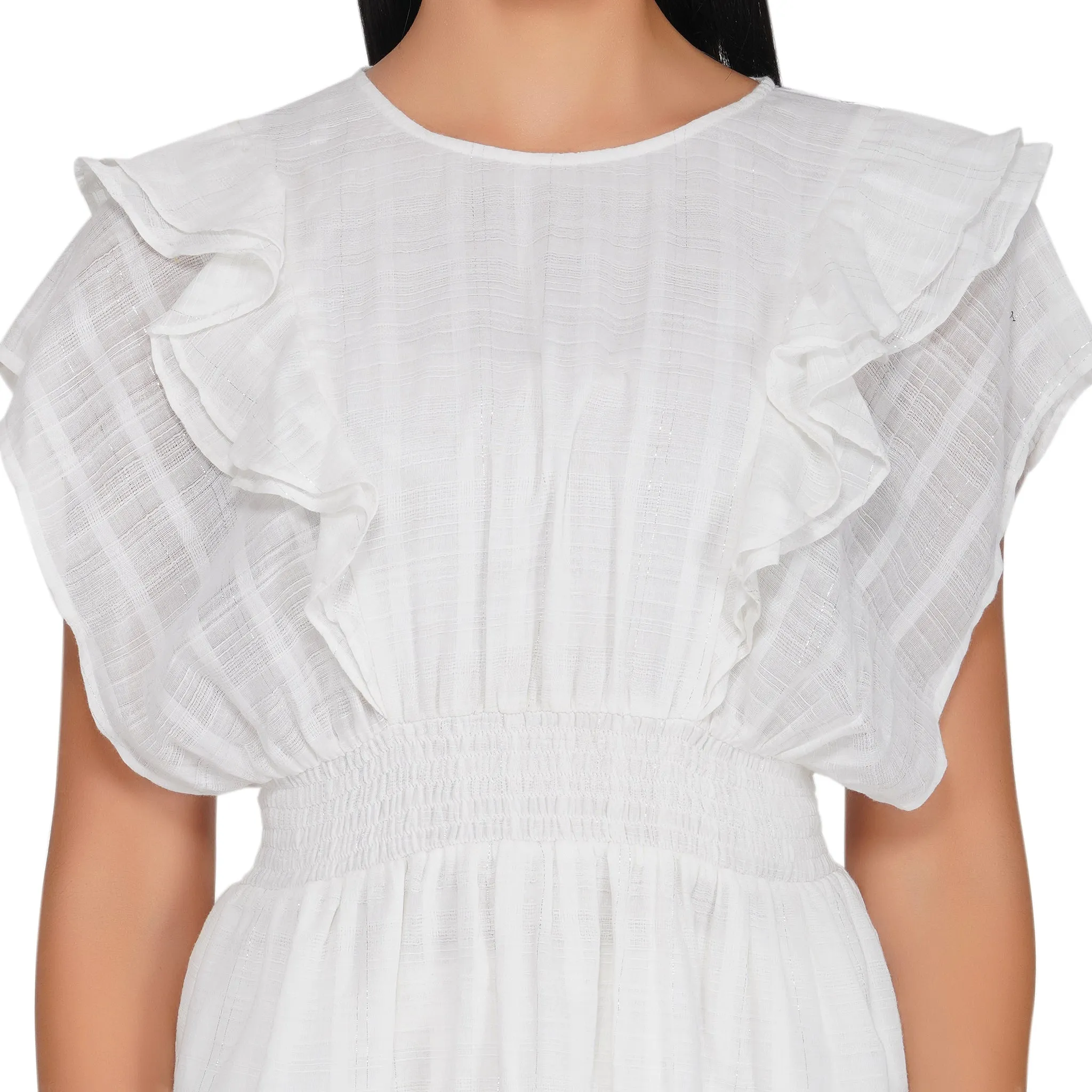 SLAY. Women's White Silver Lurex Ruffle Short Dress