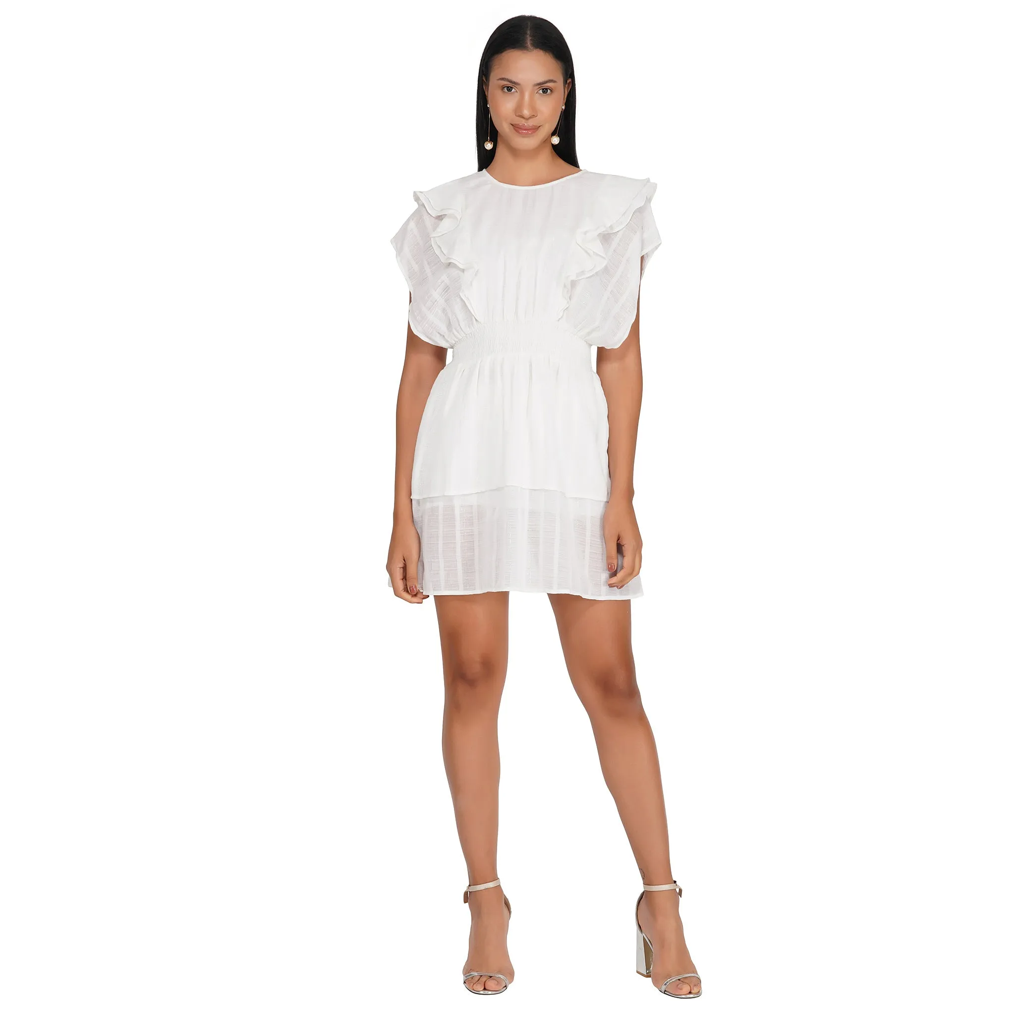SLAY. Women's White Silver Lurex Ruffle Short Dress