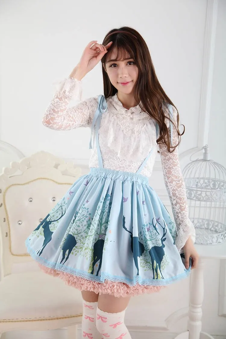 Sweet Blue Short Jumper Skirt Forest Deer Printed Pleated Skirt for Women