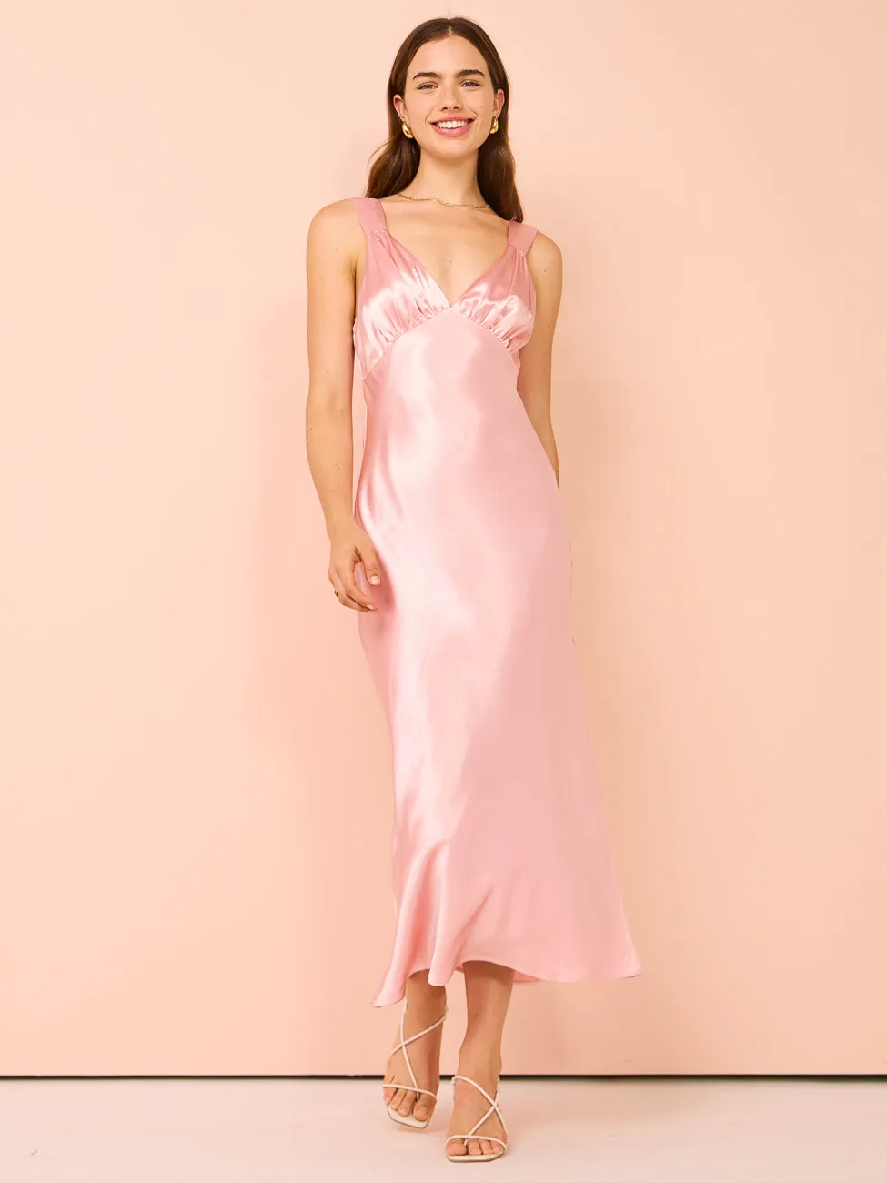 Third Form Satin Gather Bra Bias Slip Dress in Fairy Floss