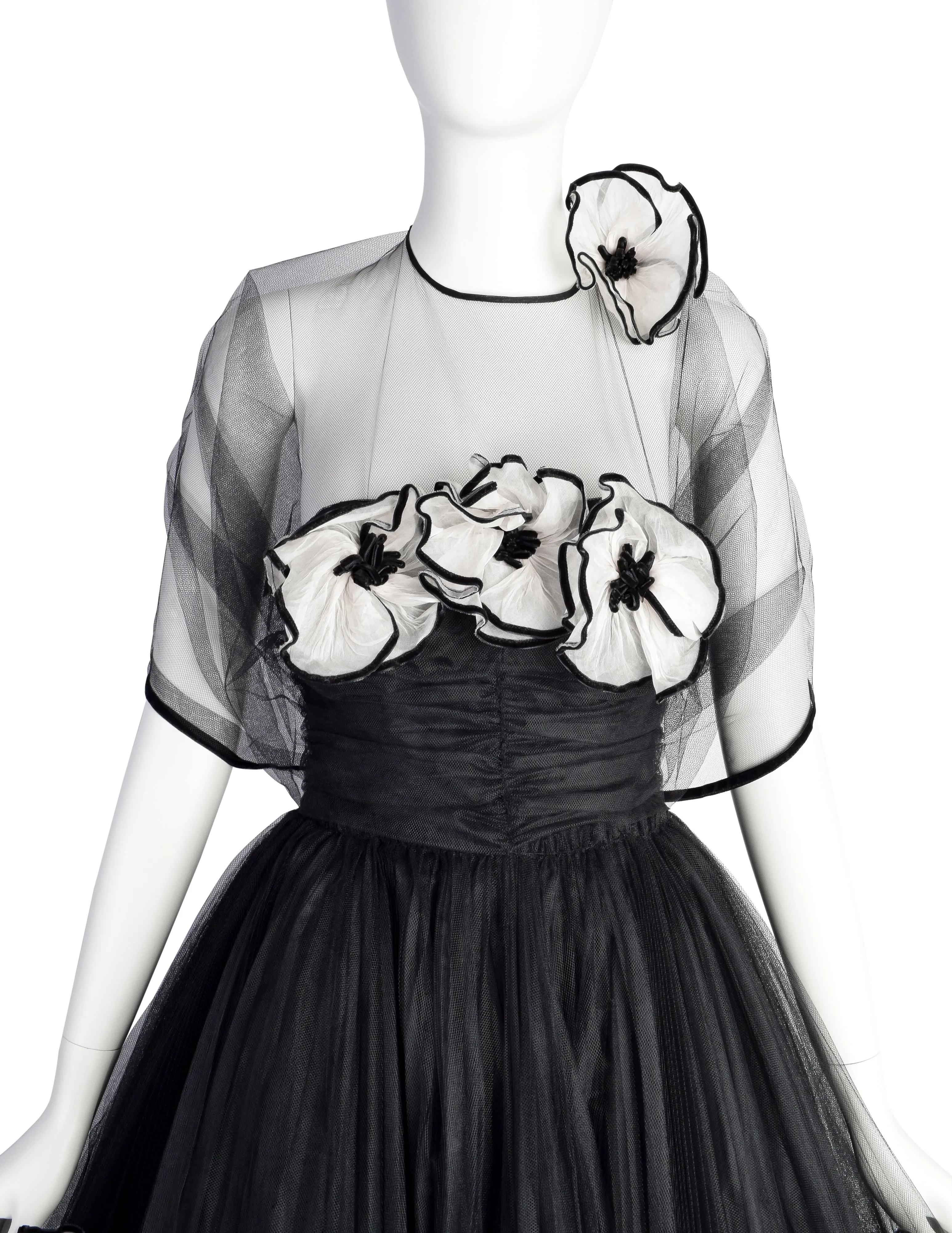Vintage 1950s Couture Black Pleated Tulle with Flowers Strapless Gown