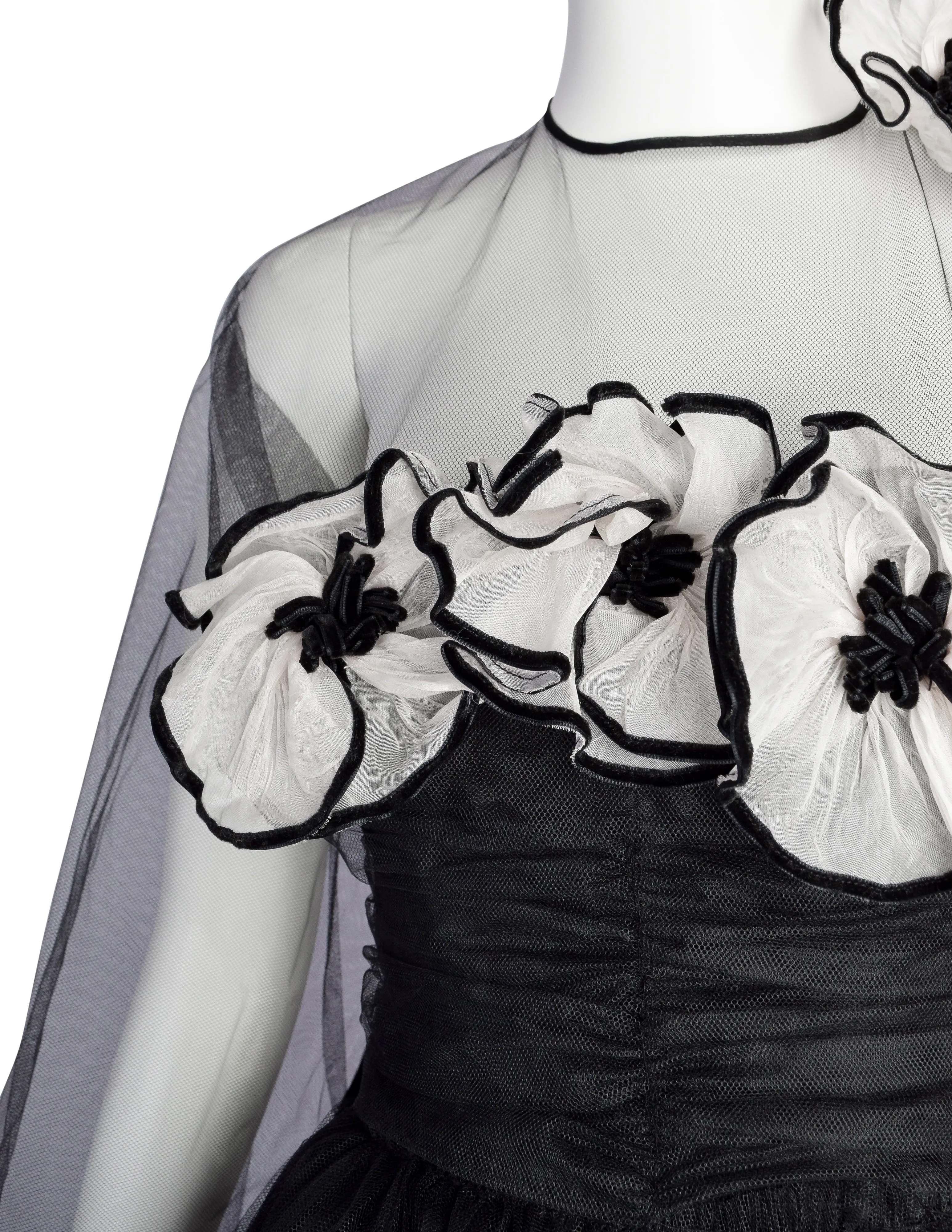 Vintage 1950s Couture Black Pleated Tulle with Flowers Strapless Gown