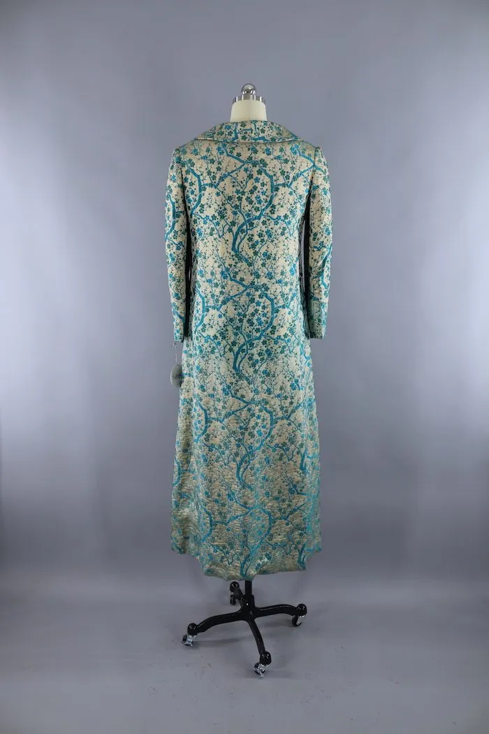 Vintage 1960s Gold & Blue Brocade Maxi Coat