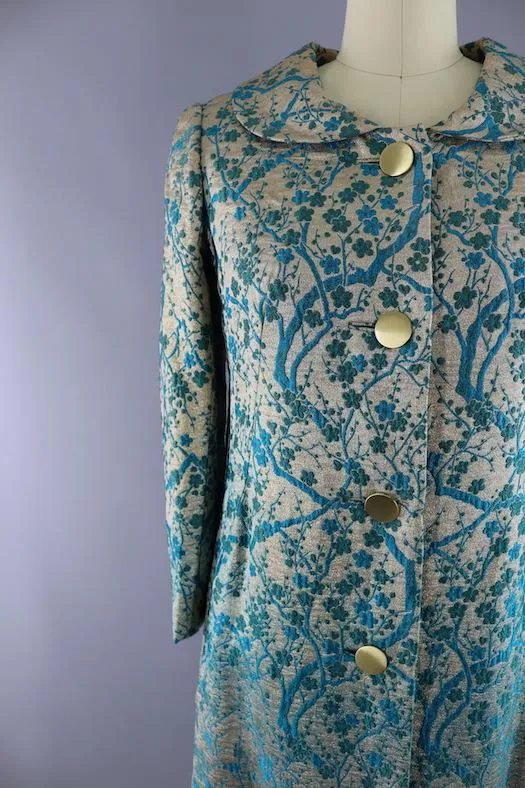 Vintage 1960s Gold & Blue Brocade Maxi Coat