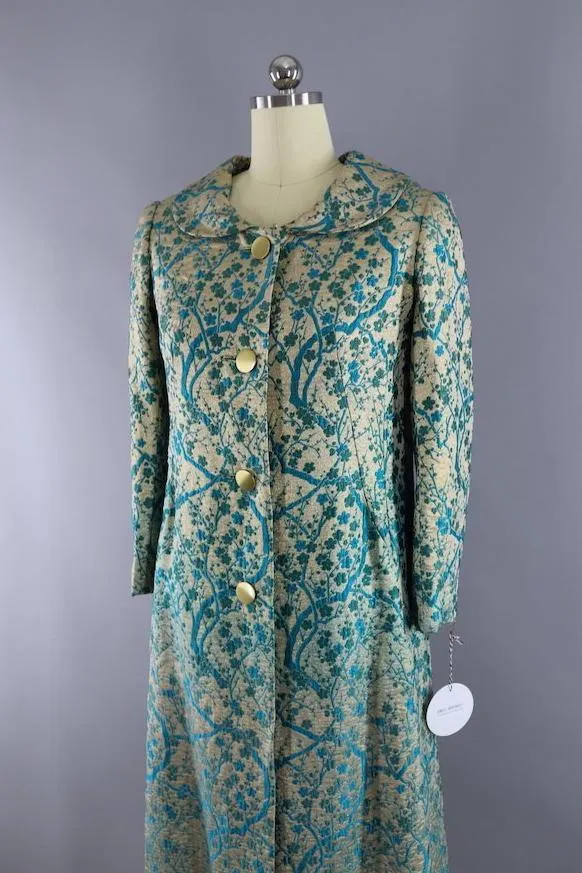 Vintage 1960s Gold & Blue Brocade Maxi Coat