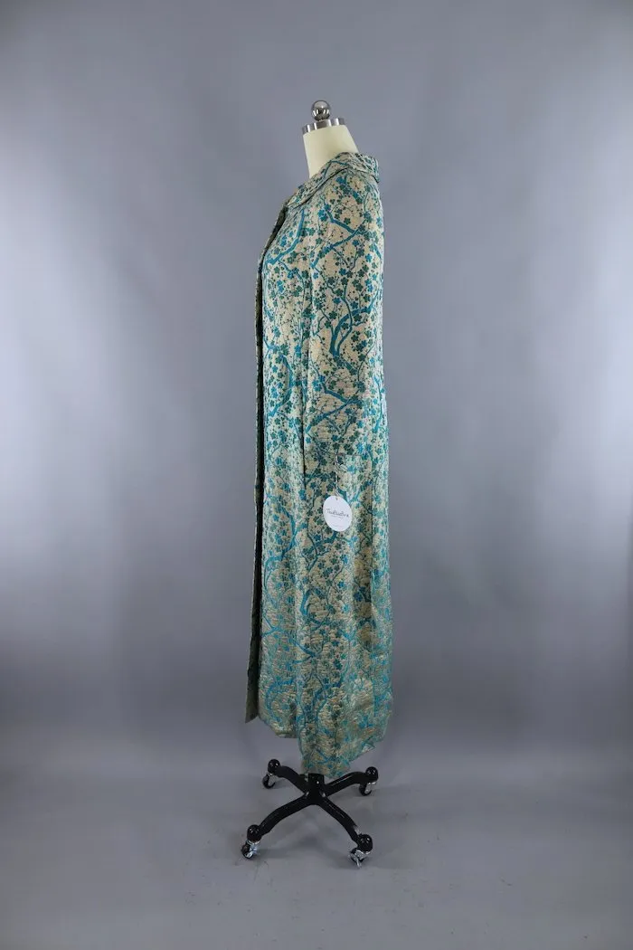 Vintage 1960s Gold & Blue Brocade Maxi Coat