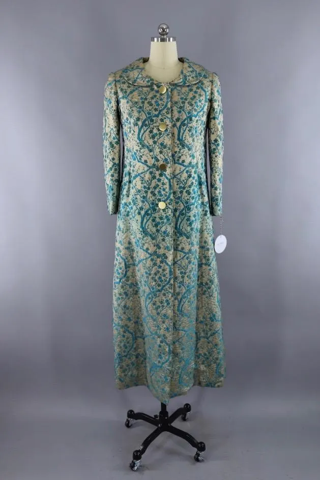 Vintage 1960s Gold & Blue Brocade Maxi Coat