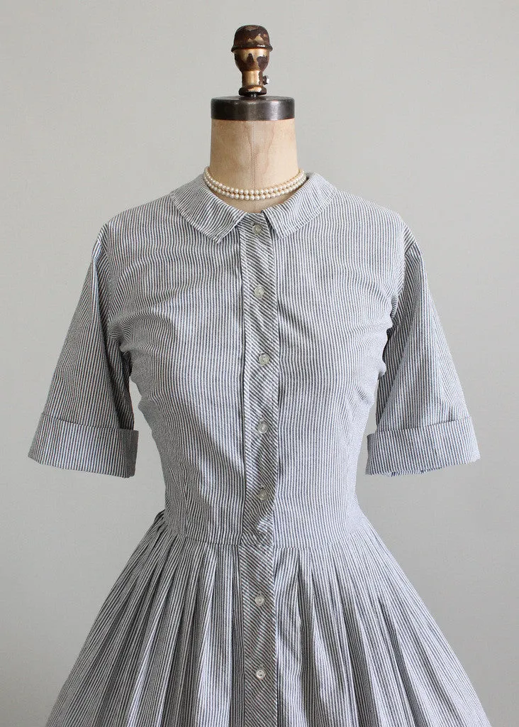 Vintage 1960s Grey and White Seersucker Dress