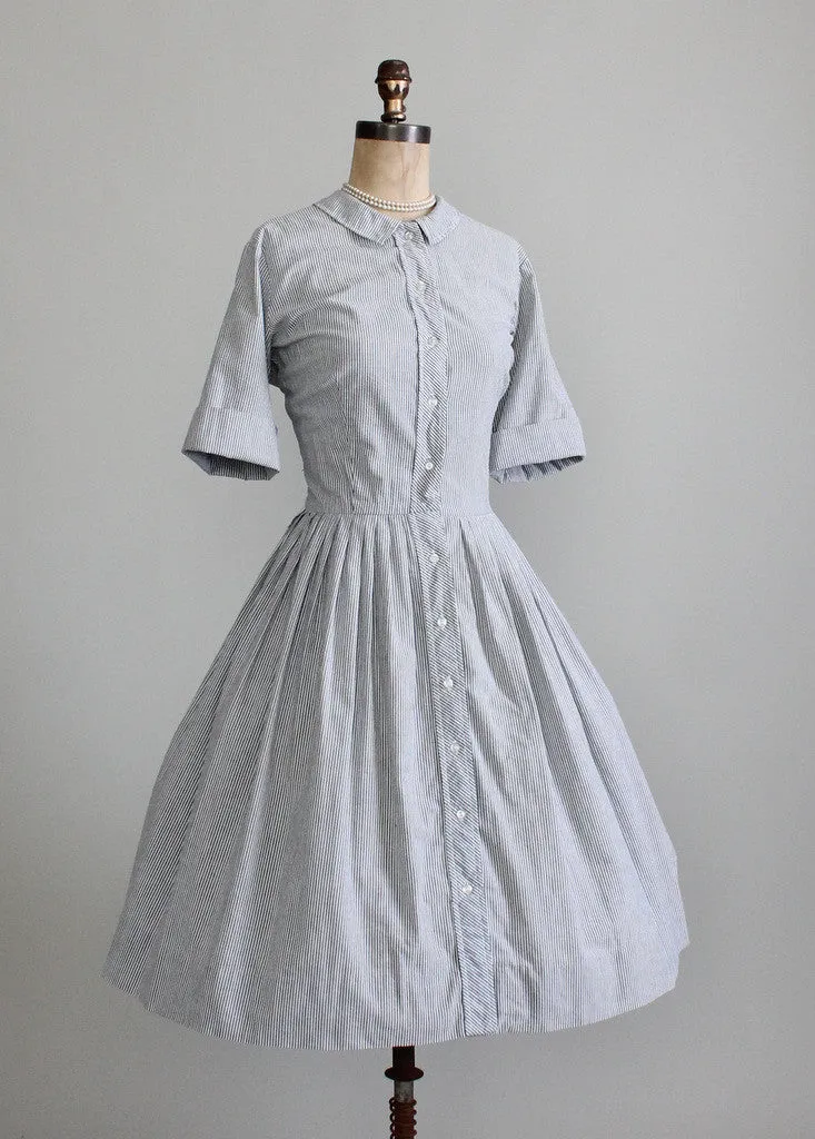 Vintage 1960s Grey and White Seersucker Dress