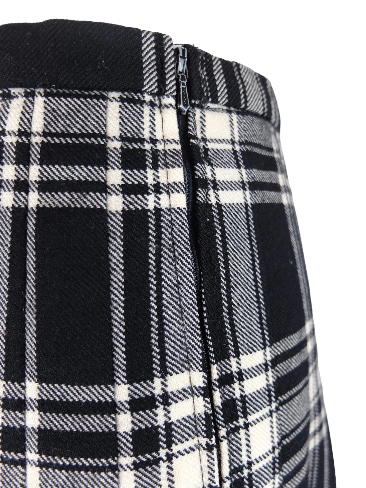 Vintage 70s Mod Schoolgirl Academia Punk Style Wool Black & White Plaid Check Print High Waisted Wool A-Line Pleated Midi Skirt | 30 Inch Waist
