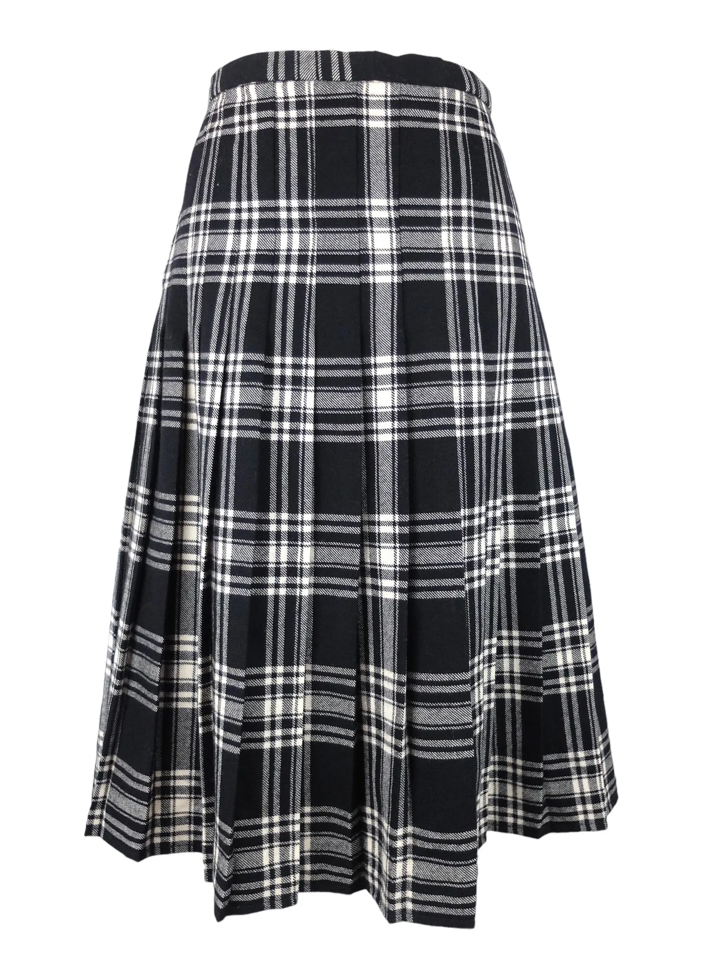 Vintage 70s Mod Schoolgirl Academia Punk Style Wool Black & White Plaid Check Print High Waisted Wool A-Line Pleated Midi Skirt | 30 Inch Waist