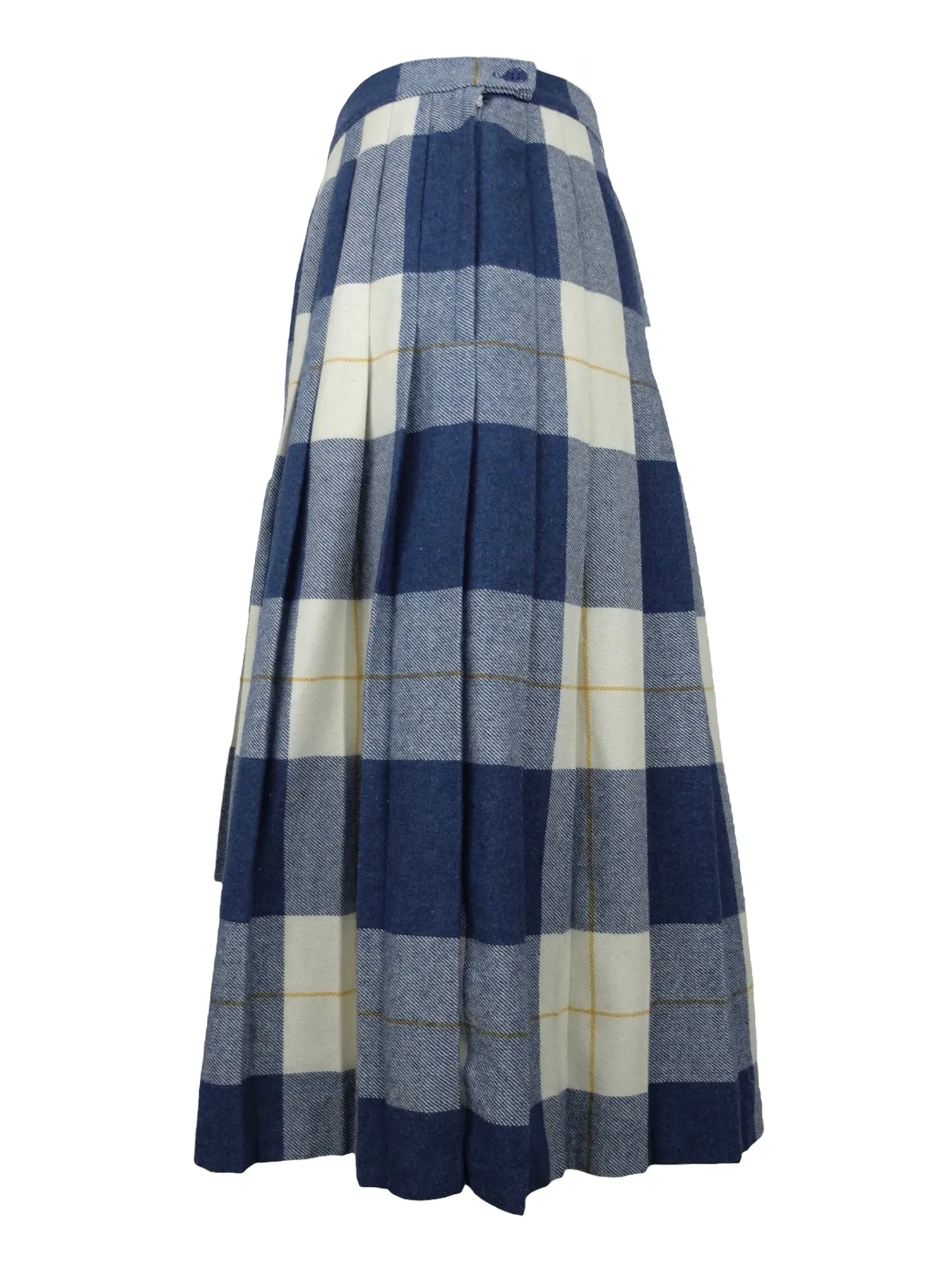 Vintage 70s Mod Wool Blend Danish Retro Blue & Cream Plaid Check Print High Waisted Pleated Midi Skirt | 29 Inch Waist