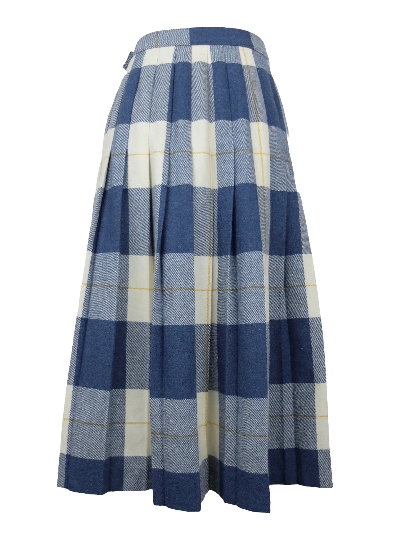 Vintage 70s Mod Wool Blend Danish Retro Blue & Cream Plaid Check Print High Waisted Pleated Midi Skirt | 29 Inch Waist