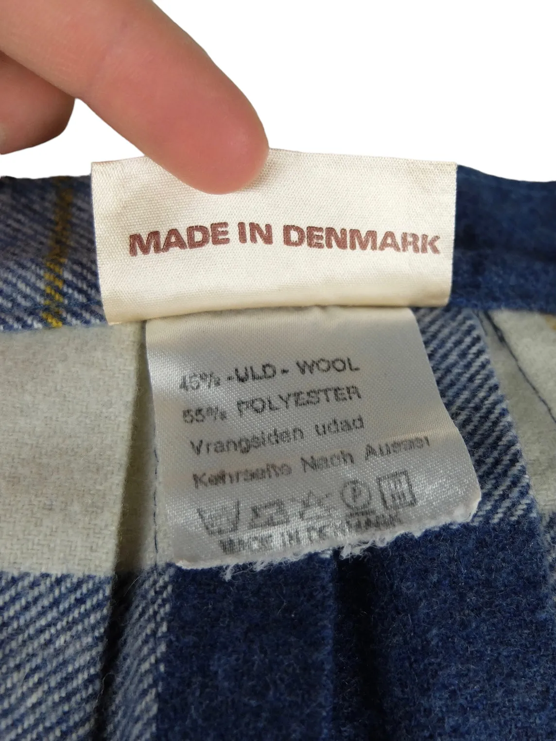 Vintage 70s Mod Wool Blend Danish Retro Blue & Cream Plaid Check Print High Waisted Pleated Midi Skirt | 29 Inch Waist