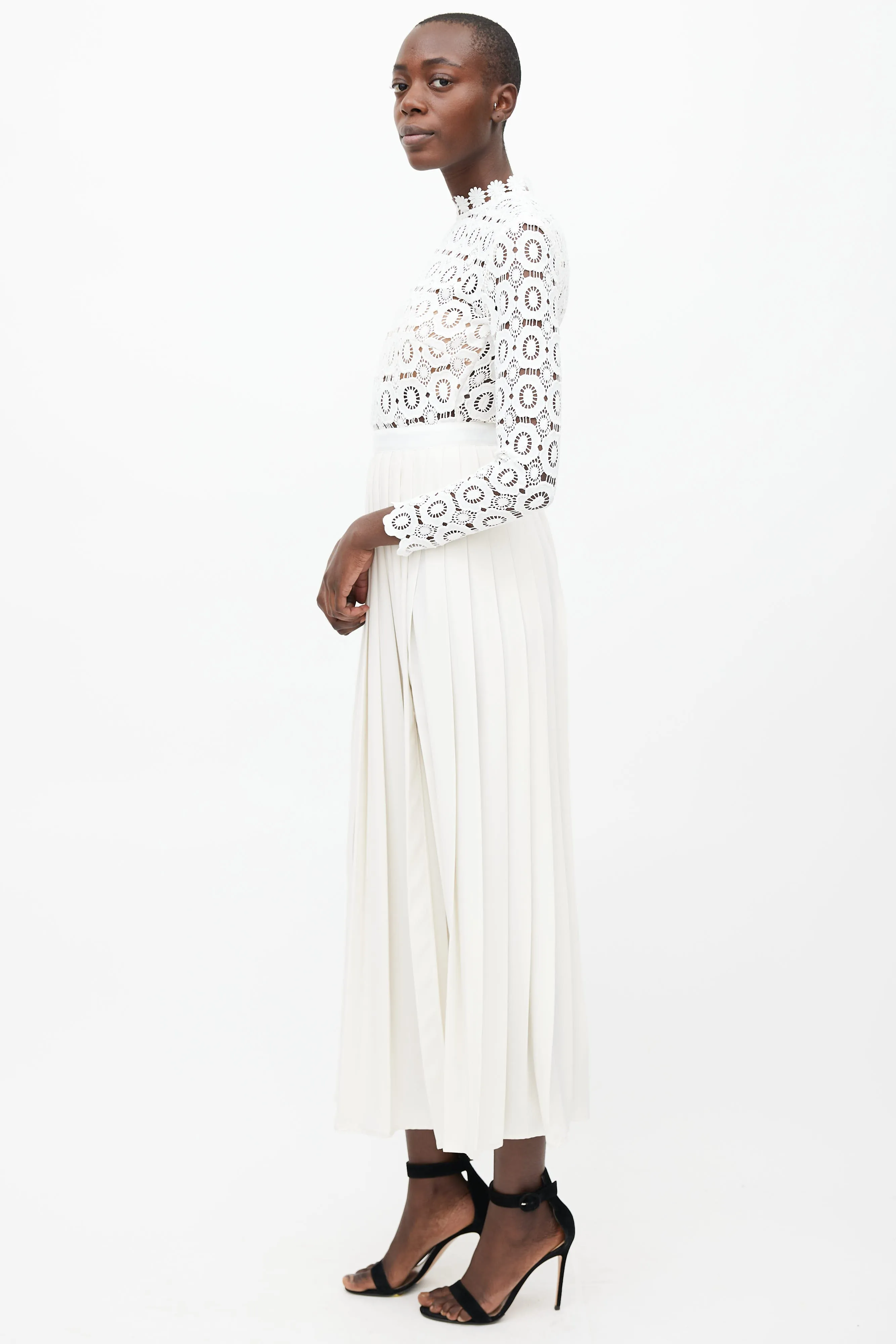 White Crochet Pleated Maxi Dress