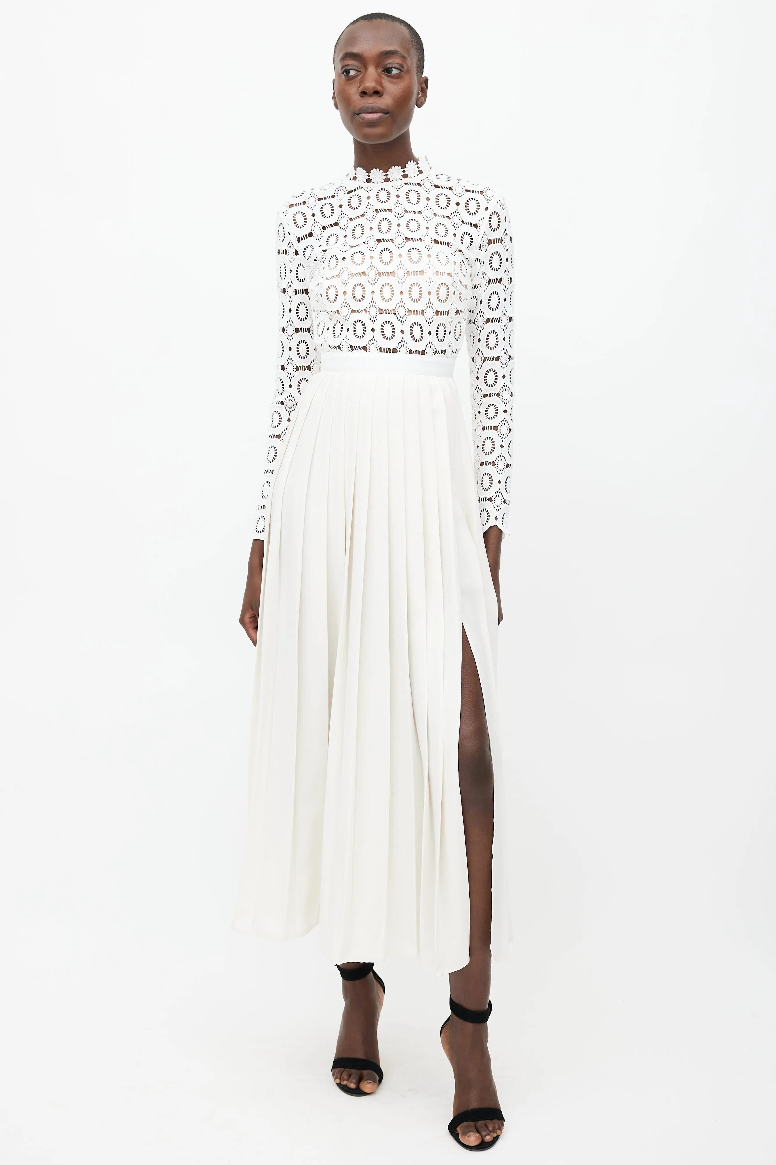 White Crochet Pleated Maxi Dress