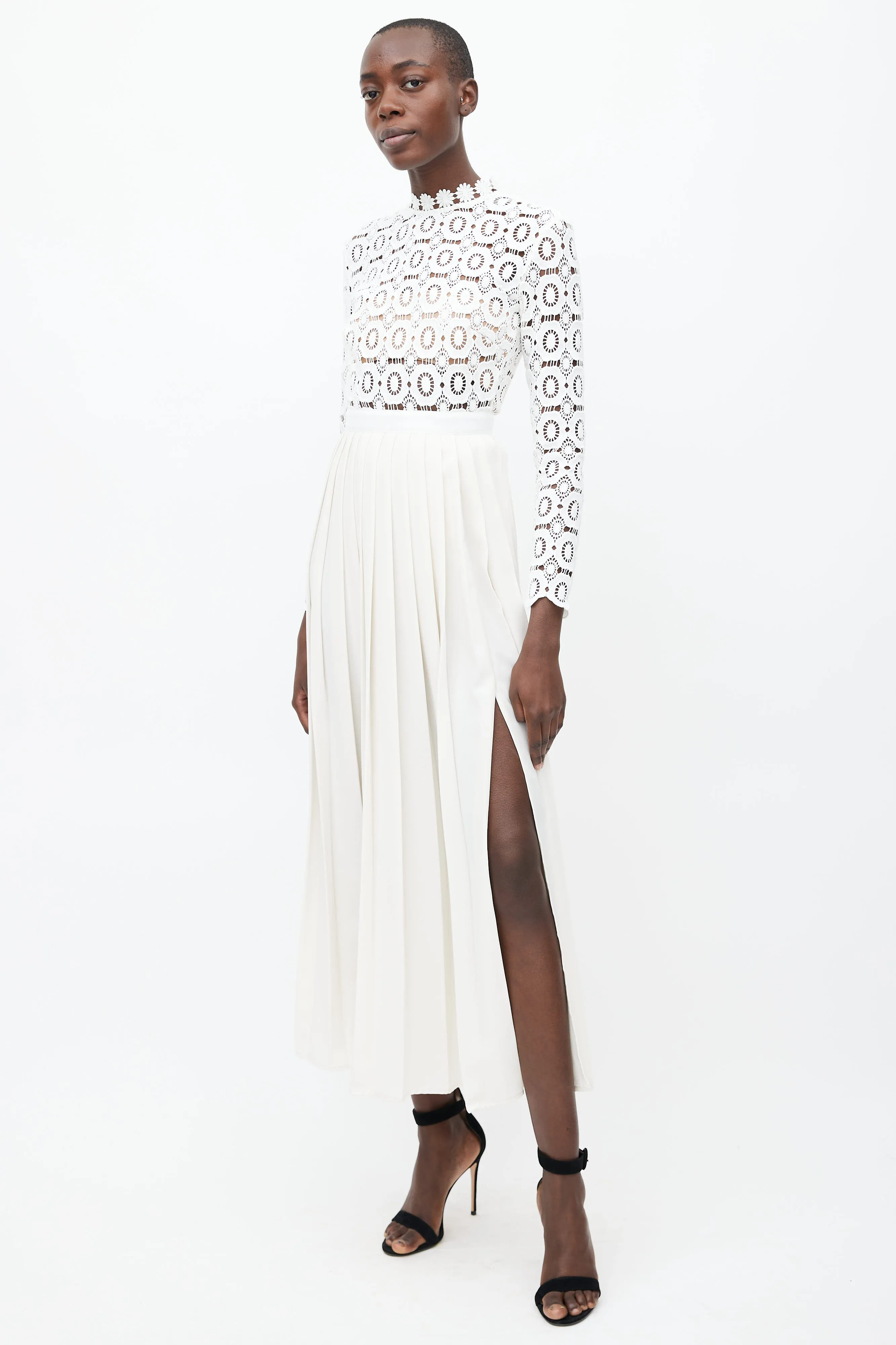 White Crochet Pleated Maxi Dress