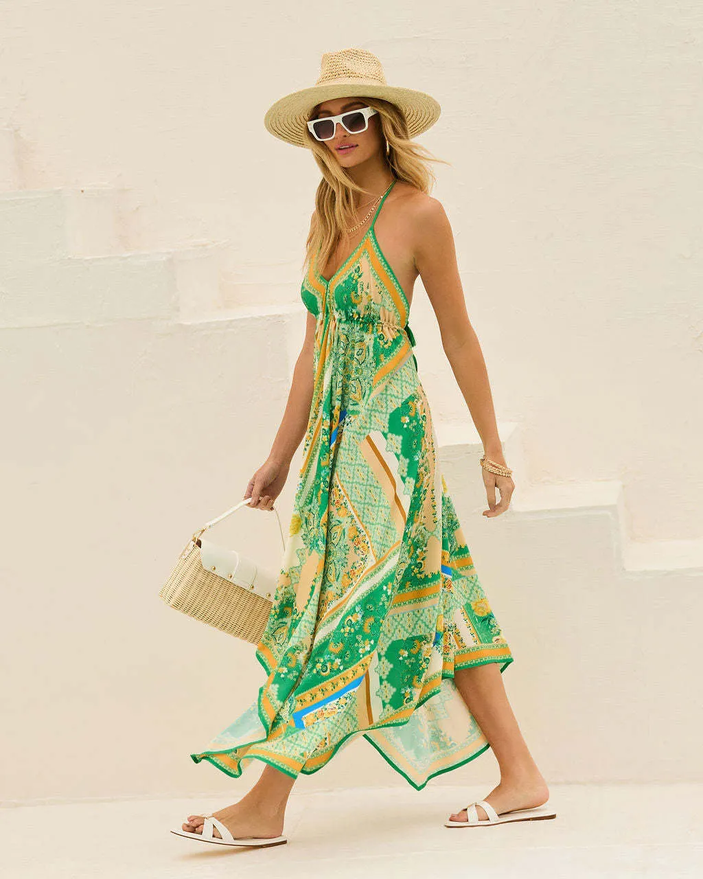 Women Spaghetti Strap Floral Print Fairy Long Dress