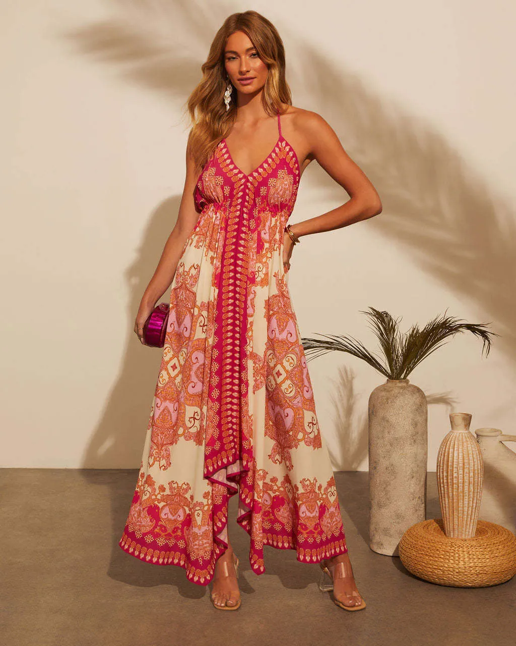 Women Spaghetti Strap Floral Print Fairy Long Dress