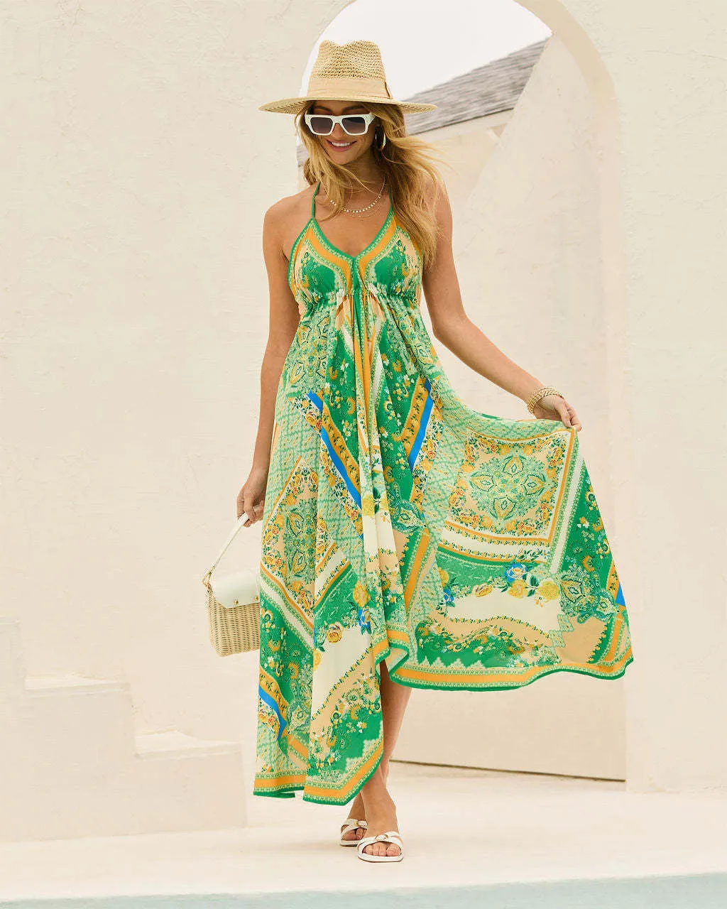 Women Spaghetti Strap Floral Print Fairy Long Dress