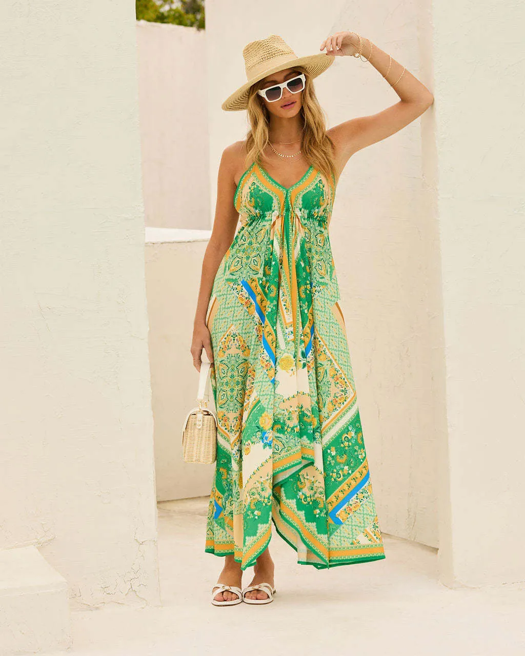 Women Spaghetti Strap Floral Print Fairy Long Dress