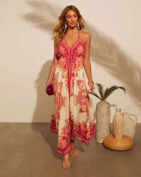 Women Spaghetti Strap Floral Print Fairy Long Dress