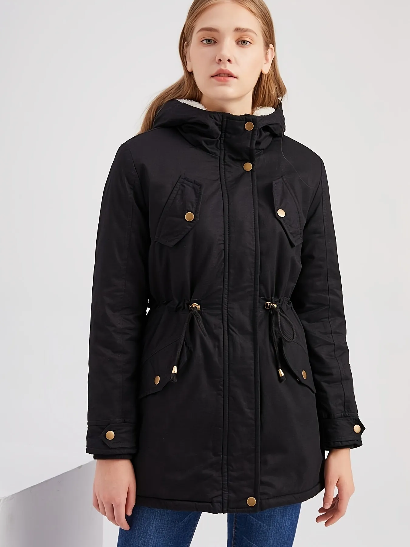 Women's Camo Print Parka Coat - Long Sleeve, Snap Buttons, Drawstring Waist, Warm, With Pocket, Casual, Zip Up, Fall & Winter Wear