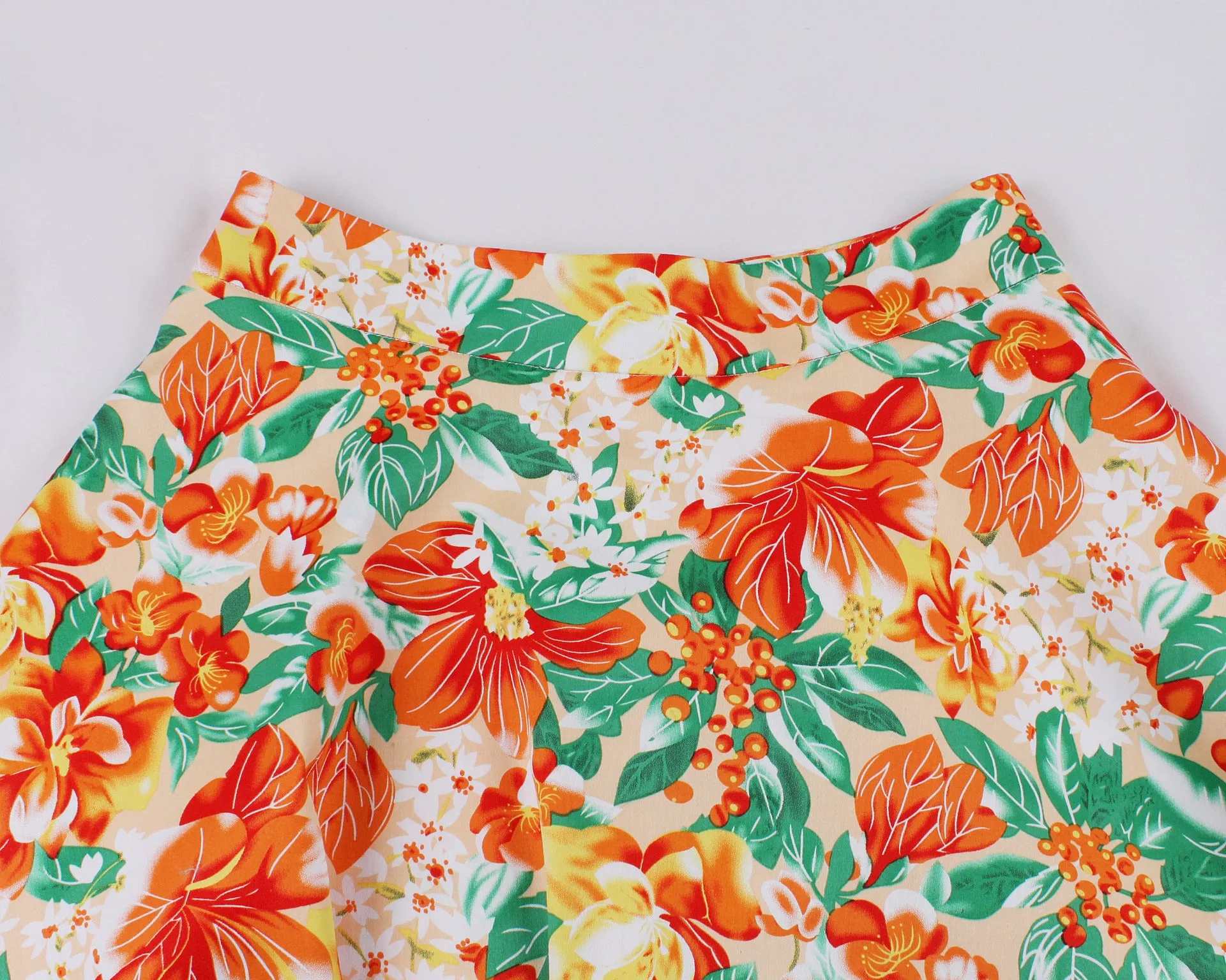 Women's Vintage A-line Flower Printed Pleated Flared Midi Skirt
