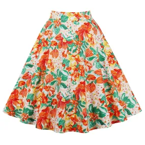 Women's Vintage A-line Flower Printed Pleated Flared Midi Skirt